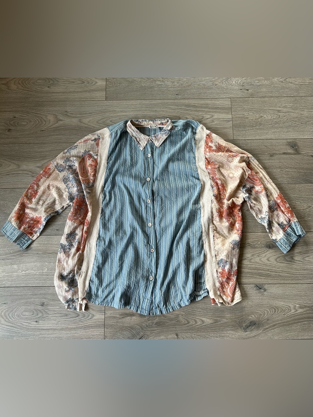 Free People Lucky In Love Mixed Media Oversized Boho Shirt Size Large - Picture 3 of 14